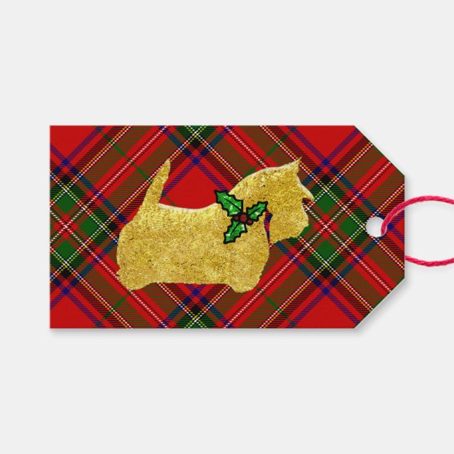 Scottie Dog Holly Plaid Gift Tags (Front (Horizontal))