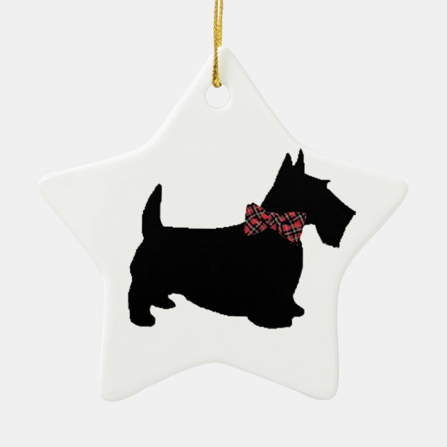 Scottie Dog in Plaid Bow Tie Ceramic Tree Decoration (Front)