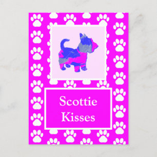 Scottie Dog Kisses Silhouette in Cute Pink & Blue Postcard