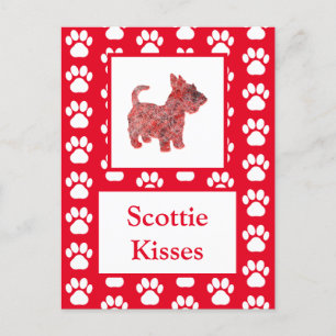 Scottie Dog Kisses Silhouette in Cute Red Grid Postcard