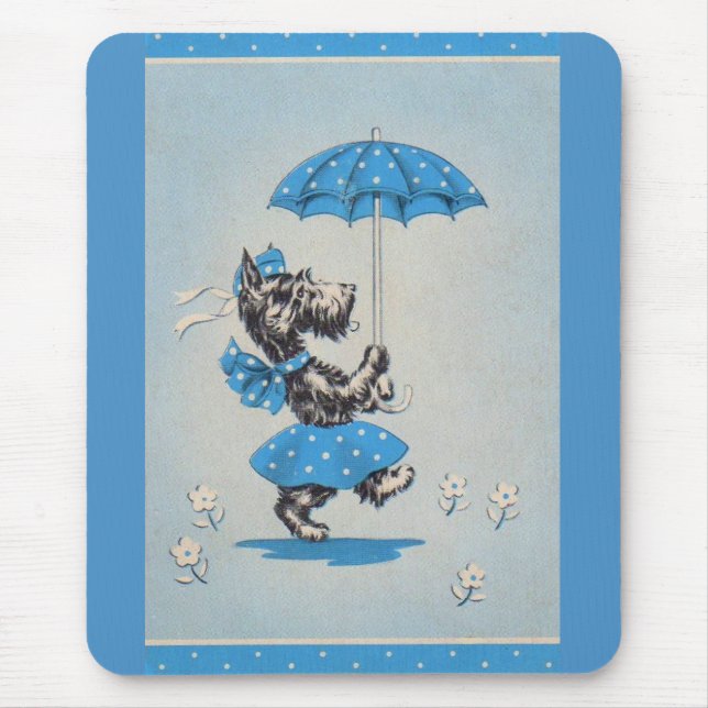 Scottie dog lady carrying umbrella mouse mat (Front)