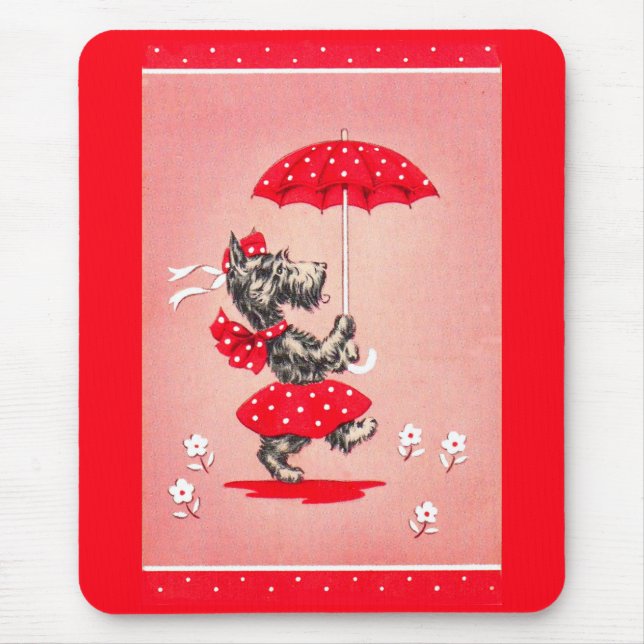 Scottie dog lady carrying umbrella mouse mat (Front)