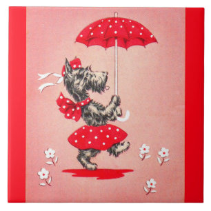 Scottie dog lady carrying umbrella tile