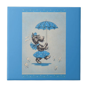 Scottie dog lady carrying umbrella tile