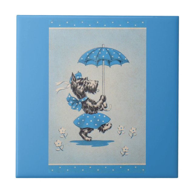 Scottie dog lady carrying umbrella tile (Front)