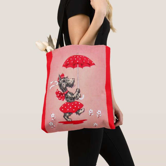 Scottie dog lady carrying umbrella tote bag (Close Up)