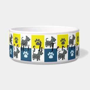 Scottie Dog & Paw Silhouette Y&B Grid Dog Bowl