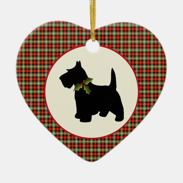 Scottie Dog Scotch Plaid Christmas Ceramic Tree Decoration (Front)