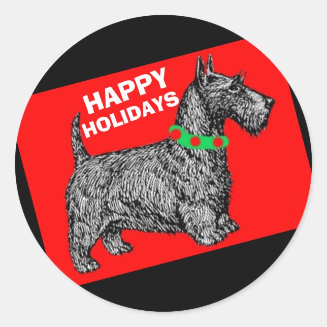 Scottie Dog Scottish Terrier Happy Holidays Classic Round Sticker (Front)