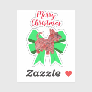 Scottie Dog Silhouette Green Bow Christmas Sticker