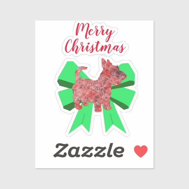 Scottie Dog Silhouette Green Bow Christmas Sticker (Sheet)