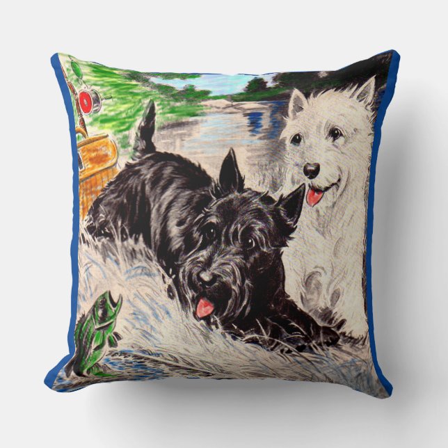 Scottie dogs Blackie and Whitie fishing Cushion (Front)