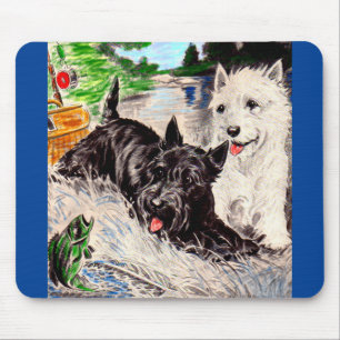 Scottie dogs Blackie and Whitie fishing Mouse Mat