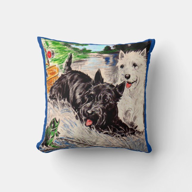Scottie dogs Blackie and Whitie fishing print Cushion (Front)
