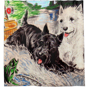 Scottie dogs Blackie and Whitie fishing Shower Curtain