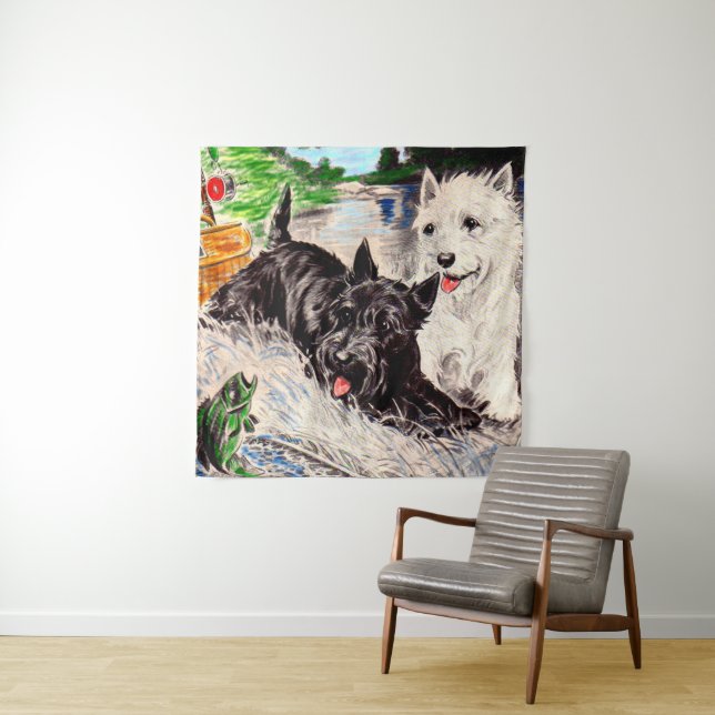Scottie dogs Blackie and Whitie fishing Tapestry (In Situ)