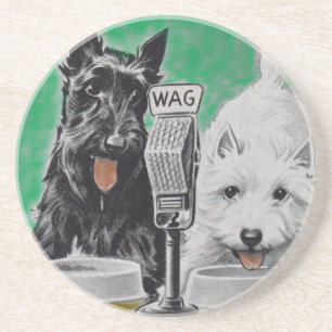 Scottie dogs Blackie and Whitie on the radio Coaster
