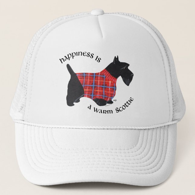 Scottie in Red & Blue Plaid Sweater Trucker Hat (Front)