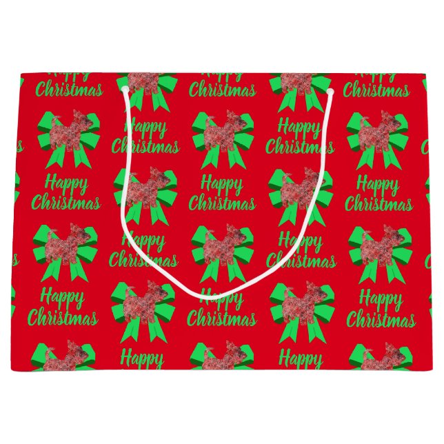 Scottie Silhouette Red Christmas Dog & Green Bow Large Gift Bag (Front)