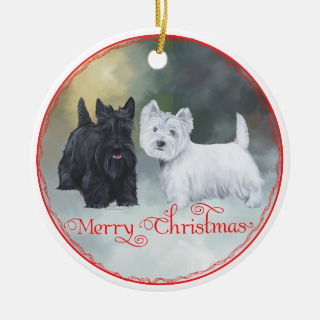 Scottie Westie  Christmas Ceramic Tree Decoration (Front)