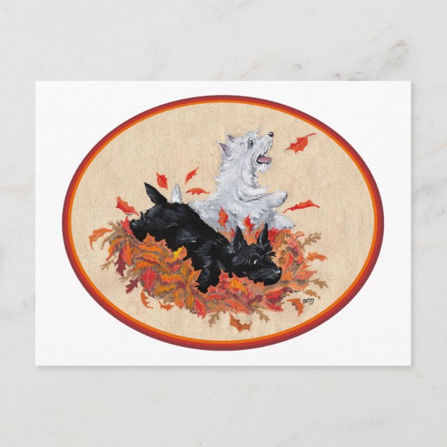Scottie & Westie Fallen Leaves Postcard (Front)