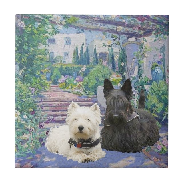 Scottie & Westie in Cosy Garden Tile (Front)
