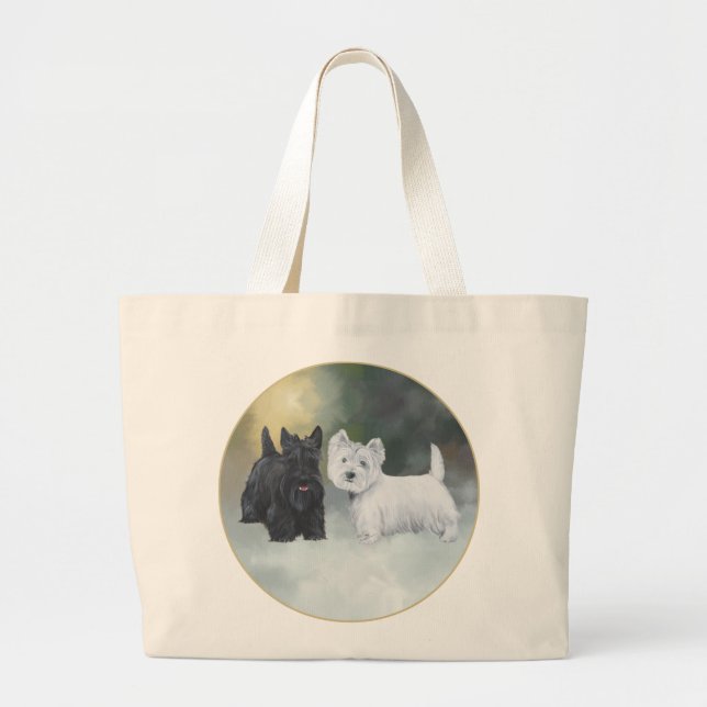 Scottie Westie Wintertime Large Tote Bag (Front)