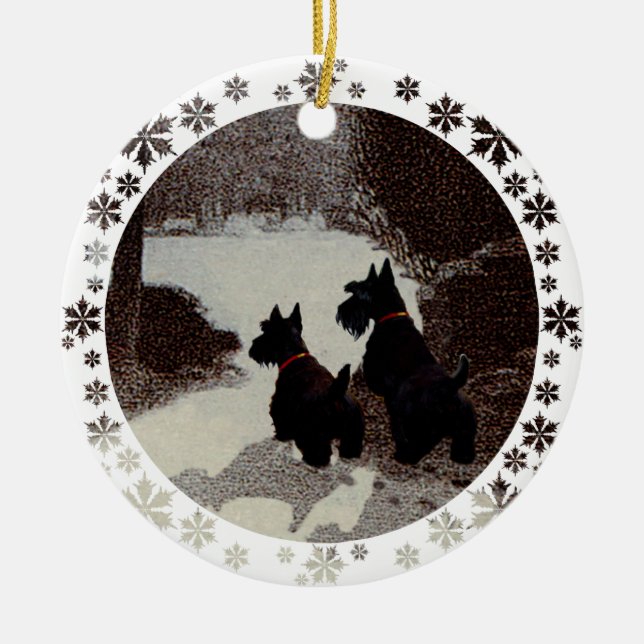 Scotties on Surreal Winter Night Ceramic Tree Decoration (Front)
