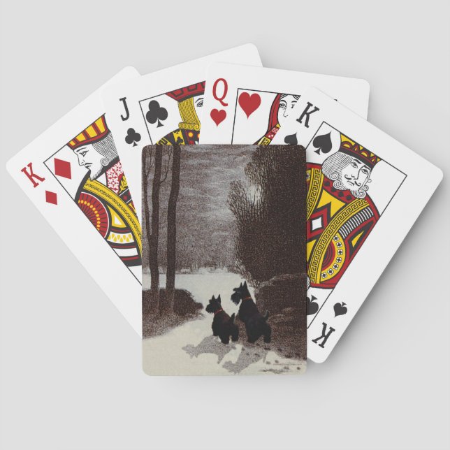 Scotties on Surreal Winter Night Playing Cards (Back)