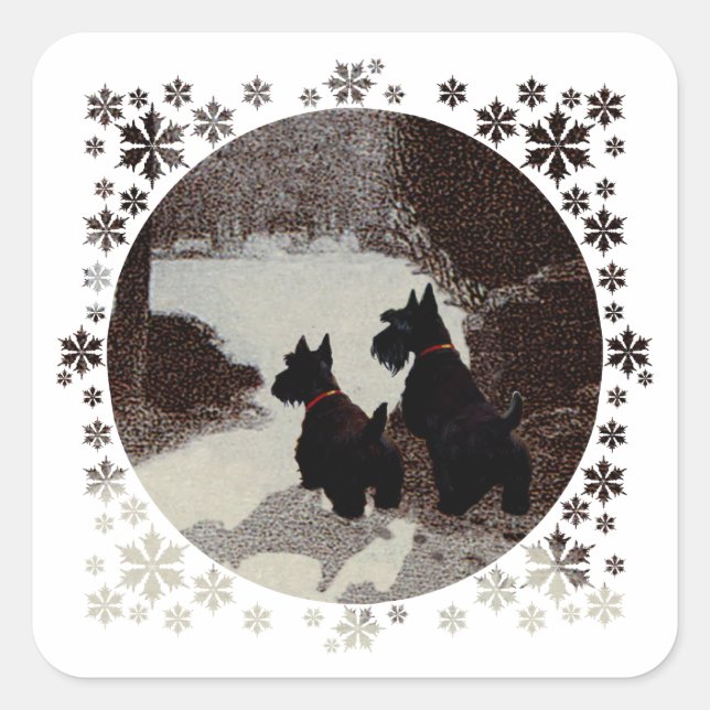 Scotties on Surreal Winter Night Square Sticker (Front)