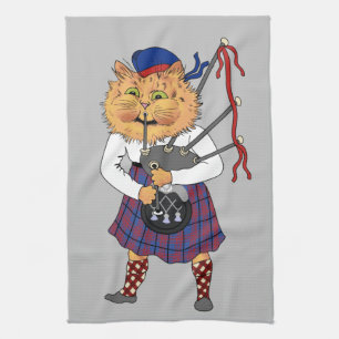 Scottish Bagpipe Cat Louis Wain Tea Towel