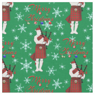 Scottish Bagpiper Merry Christmas with Snowflakes Fabric