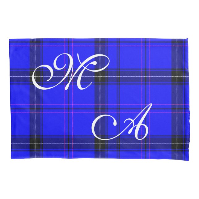 Scottish Blue Tartan Plaid Fabric With Monogram Pillowcase (Front)