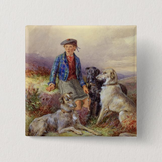 Scottish boy with wolfhounds in a Highland landsca 15 Cm Square Badge (Front)