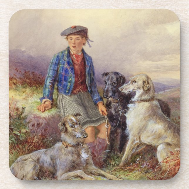 Scottish boy with wolfhounds in a Highland landsca Coaster (Front)