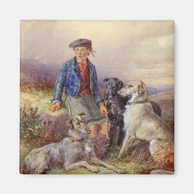 Scottish boy with wolfhounds in a Highland landsca Magnet (Front)
