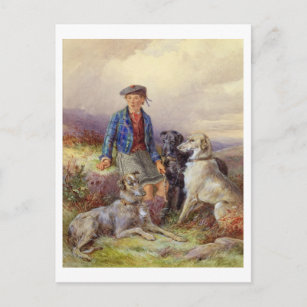 Scottish boy with wolfhounds in a Highland landsca Postcard