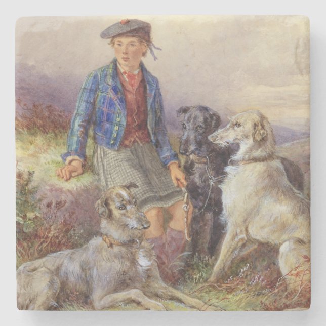 Scottish boy with wolfhounds in a Highland landsca Stone Coaster (Front)