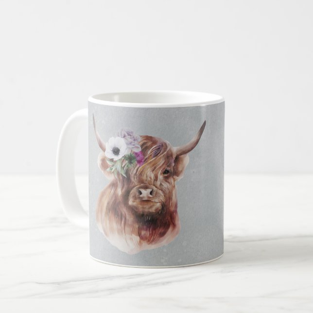 Scottish Brown Highland Cow Flowers Personalised Coffee Mug (Front Left)
