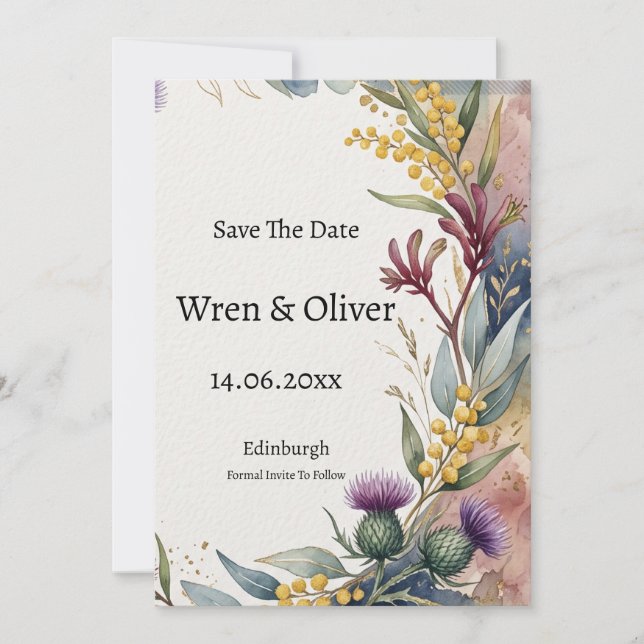 Scottish Canadian Maple Thistle Save the Date Card (Front)
