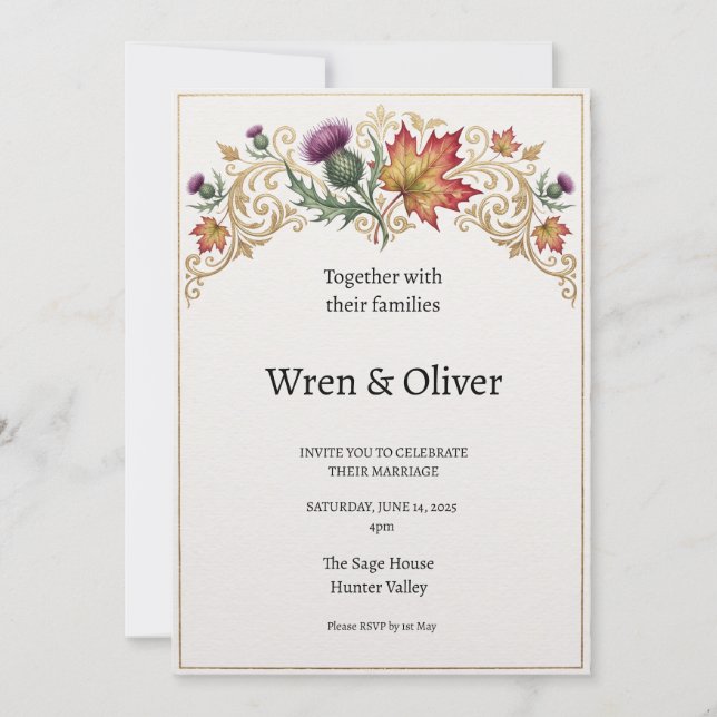 Scottish Canadian Maple Thistle Wedding Invitation (Front)