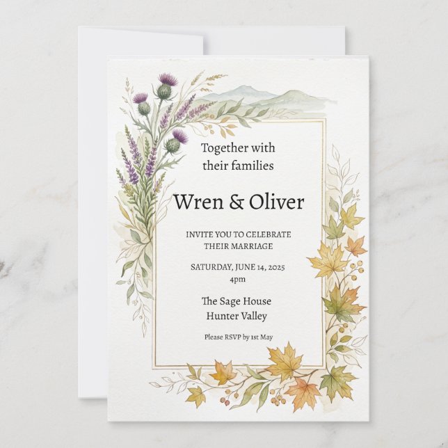 Scottish Canadian Maple Thistle Wedding Invitation (Front)