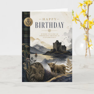 Scottish Castle Highland Cow Birthday Card