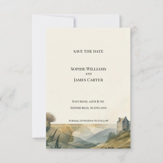 Scottish Castle Landscape Save the Date Card (Front)