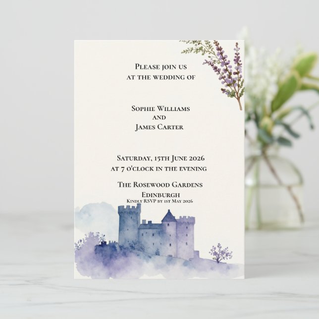 Scottish Castle Lavender Watercolour Wedding Invitation (Standing Front)