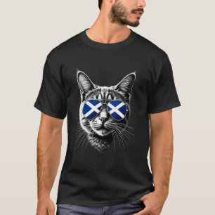 Scottish Cat Face Sunglasses Scotland Flag T-Shirt
