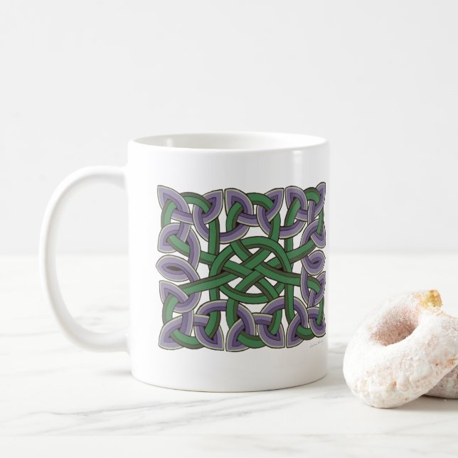 Scottish Celtic Knot Painting in Purple and Green Coffee Mug (With Donut)