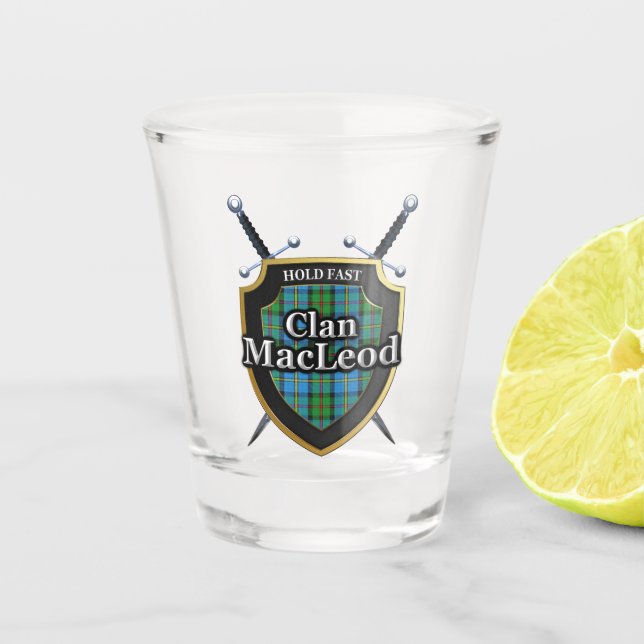 Scottish Cheers Clan MacLeod Harris Tartan Shield Shot Glass (Front)