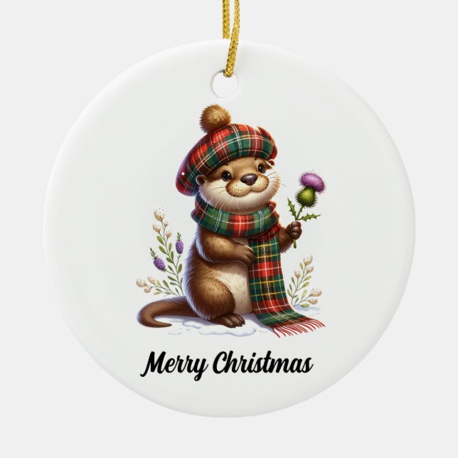 Scottish Christmas Otter Christmas Ceramic Tree Decoration (Front)