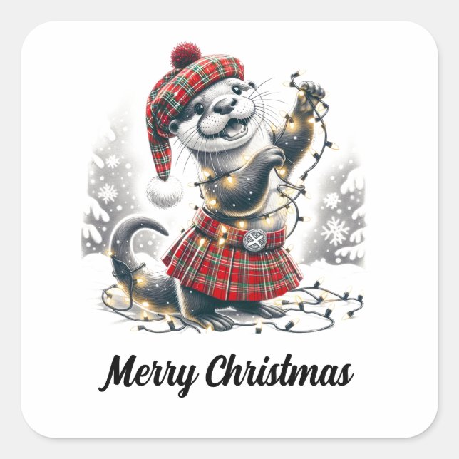 Scottish Christmas Otter Christmas Square Sticker (Front)